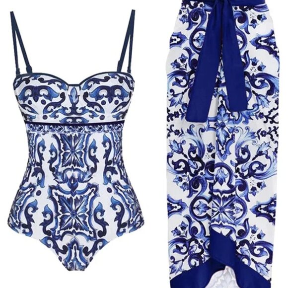 NEW Porcelain Pattern One-Piece Swimsuit and Cover Up Skirt, Size M - Picture 3 of 17